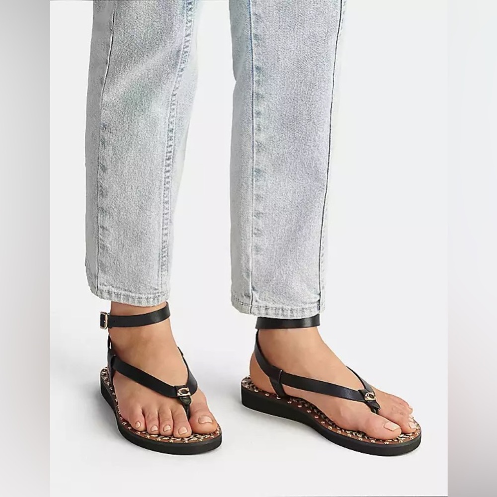 Coach Gracey thong Sandal black Editor's Notes ankle-wrap gold studs woven jute - Picture 3 of 10